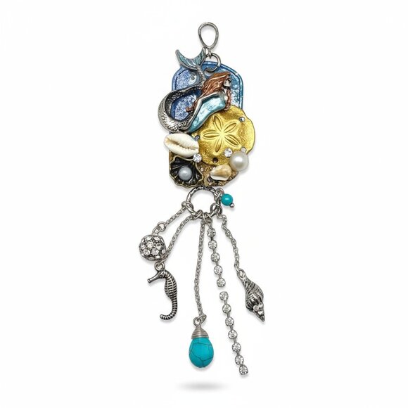 Repurposed Dog Tag Nautical Mermaid Pendant Unique Seashell Turquoise Hang Charm - Picture 1 of 11
